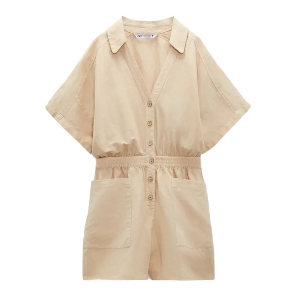 Zara Sand Short Linen Playsuit Size M NWT Button Front Patch Pocket Romper